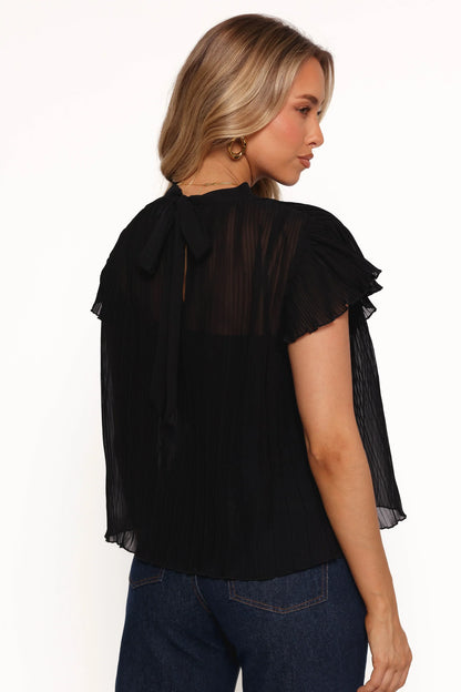 Topia Pleated Flutter Sleeve Top Black