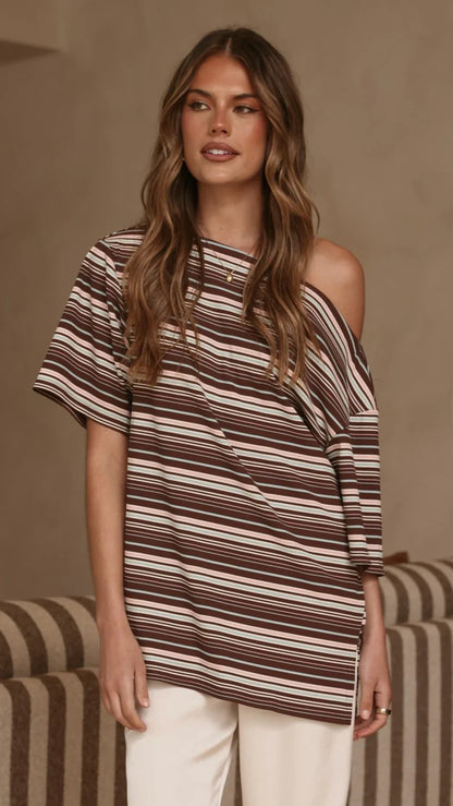 Pia One Shoulder Oversize Tee Choc Blue Stripe
