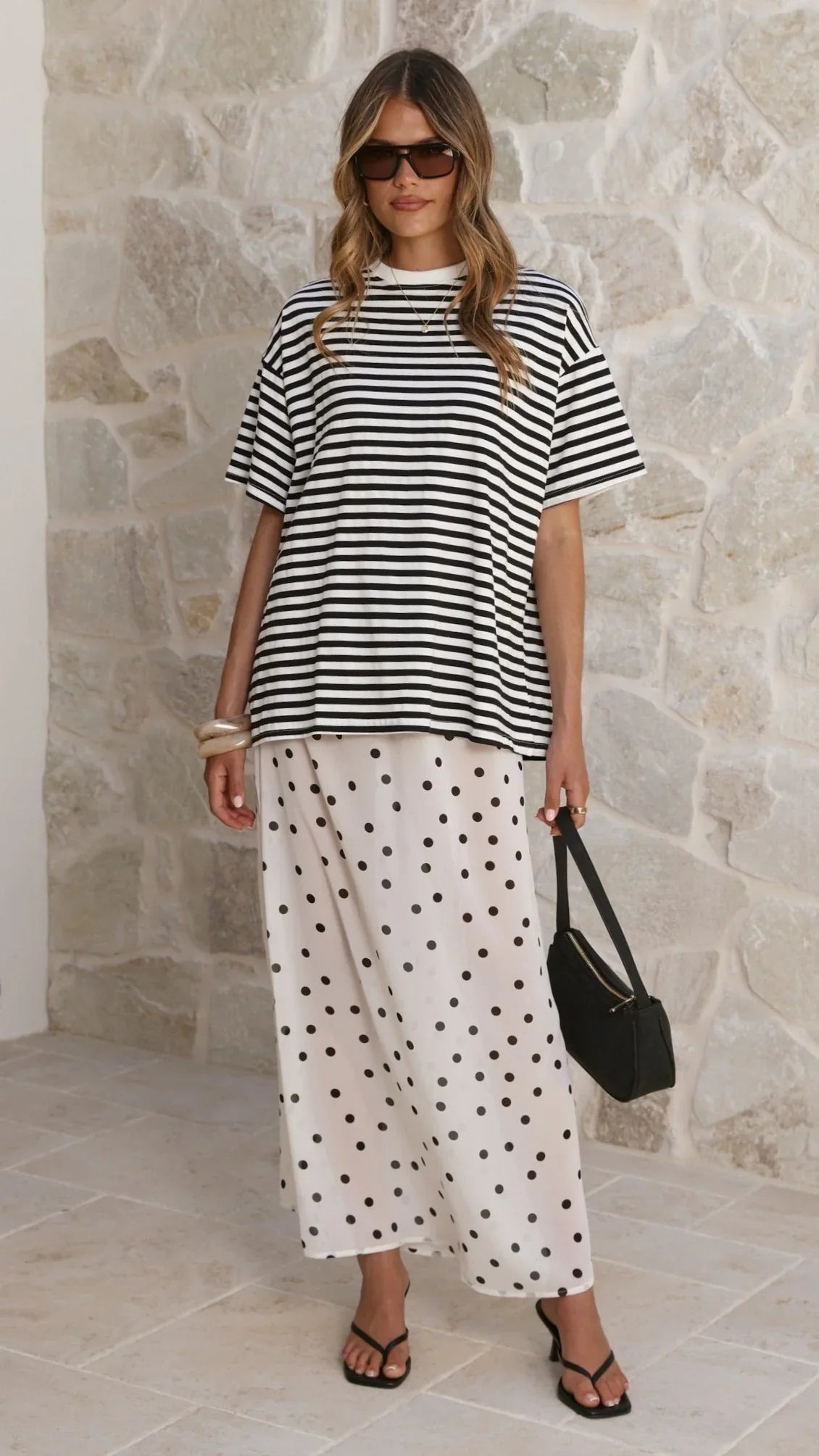 Elisha T Shirt and Sheer Maxi Skirt Set Black White Stripe and Polka Dot