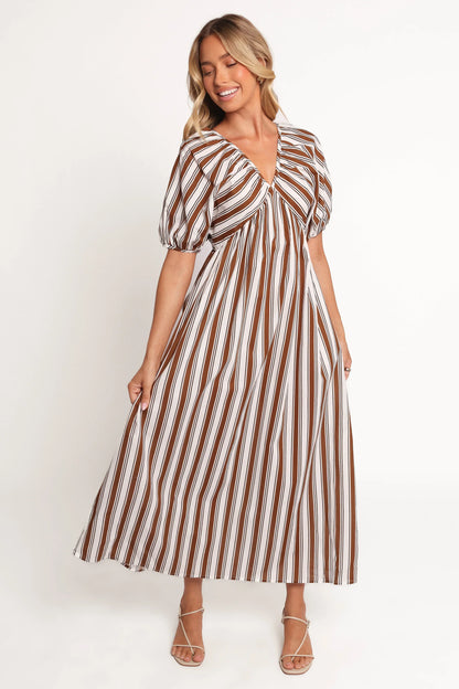 Sullivan Puff Sleeve Maxi Dress Chocolate Stripe