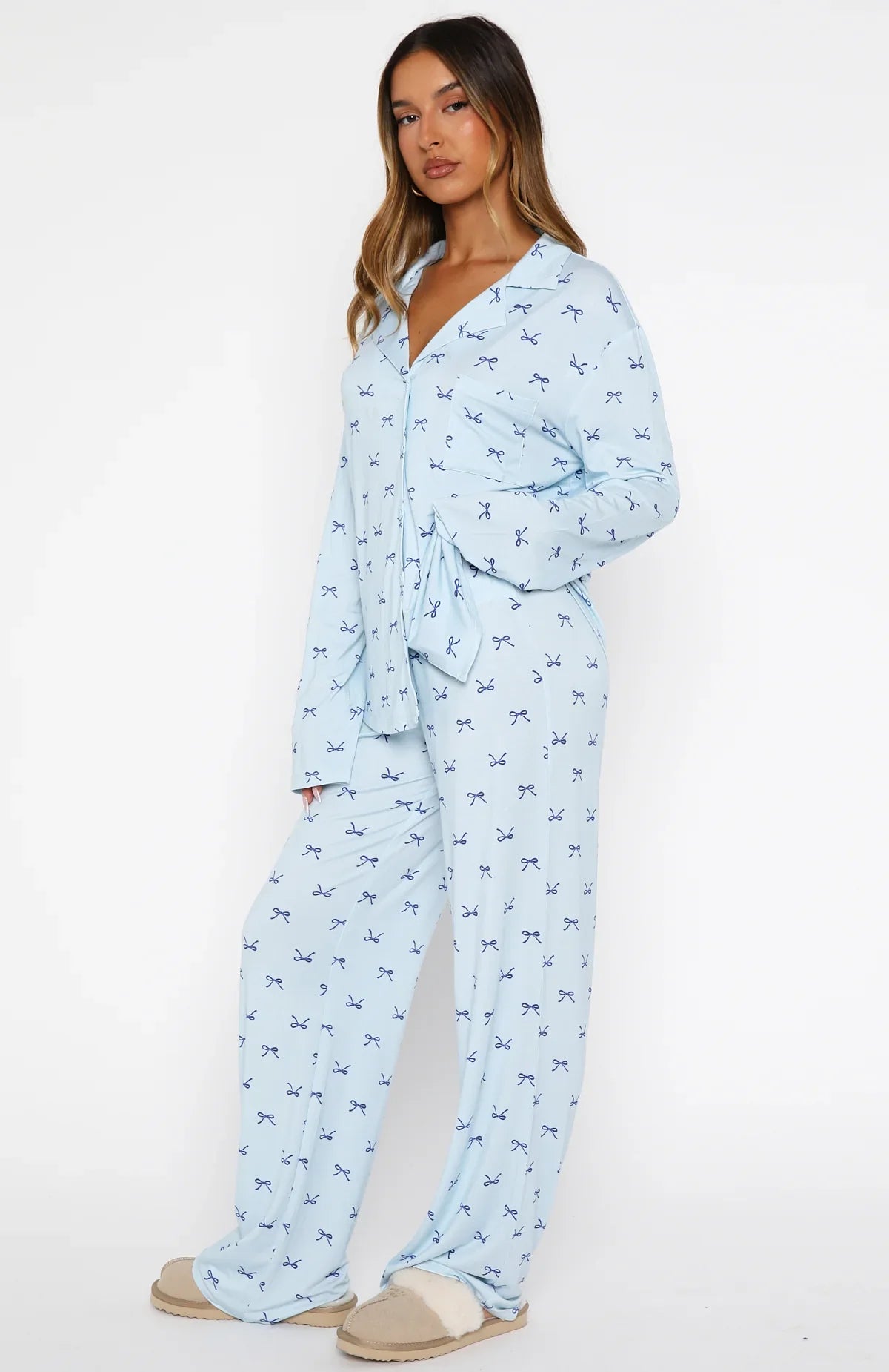 Pillow Talk Printed Long Sleeve Pyjama Set Sky Ribbons