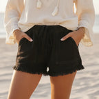 Boho Drawstring Frayed Denim Shorts