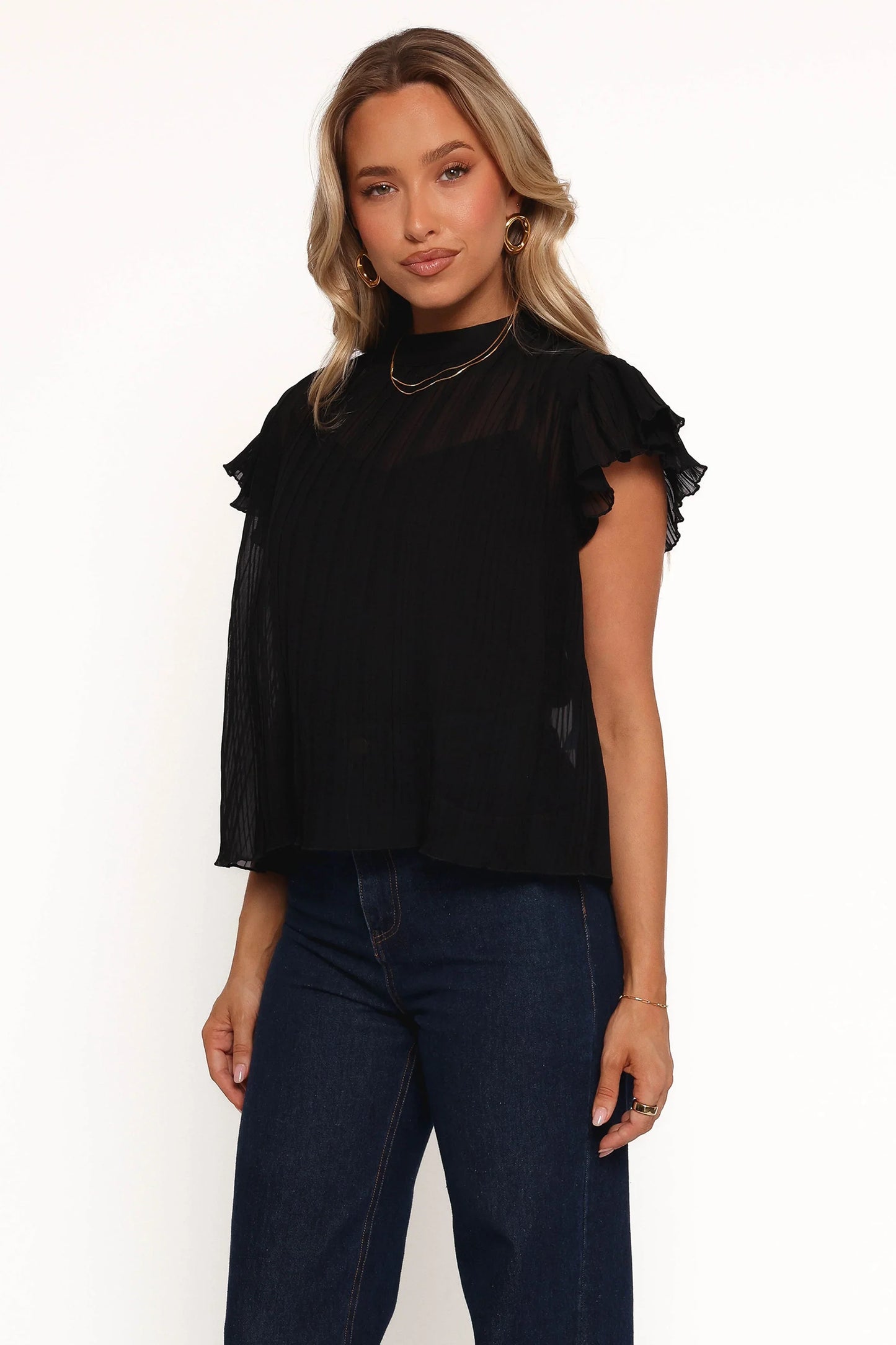 Topia Pleated Flutter Sleeve Top Black