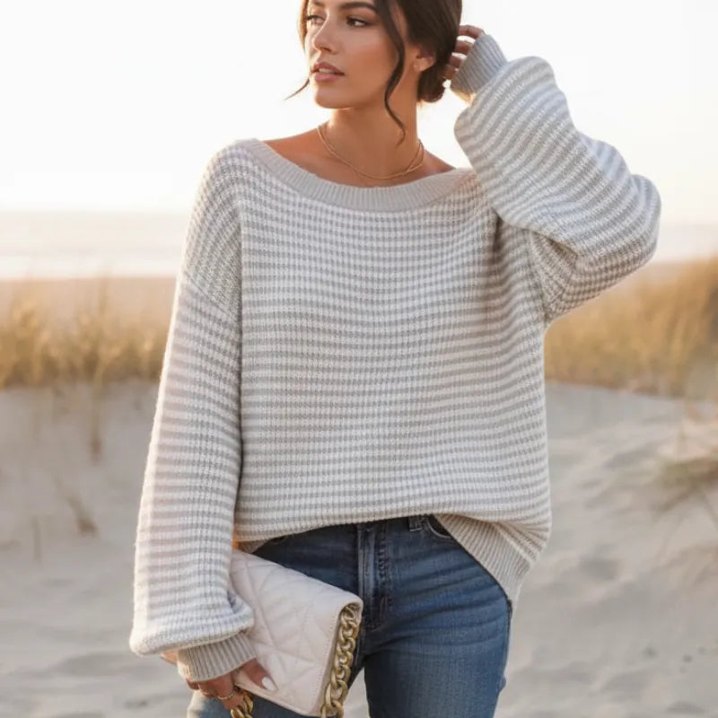 Boho Striped Slash Neck Lantern Sleeve Sweater