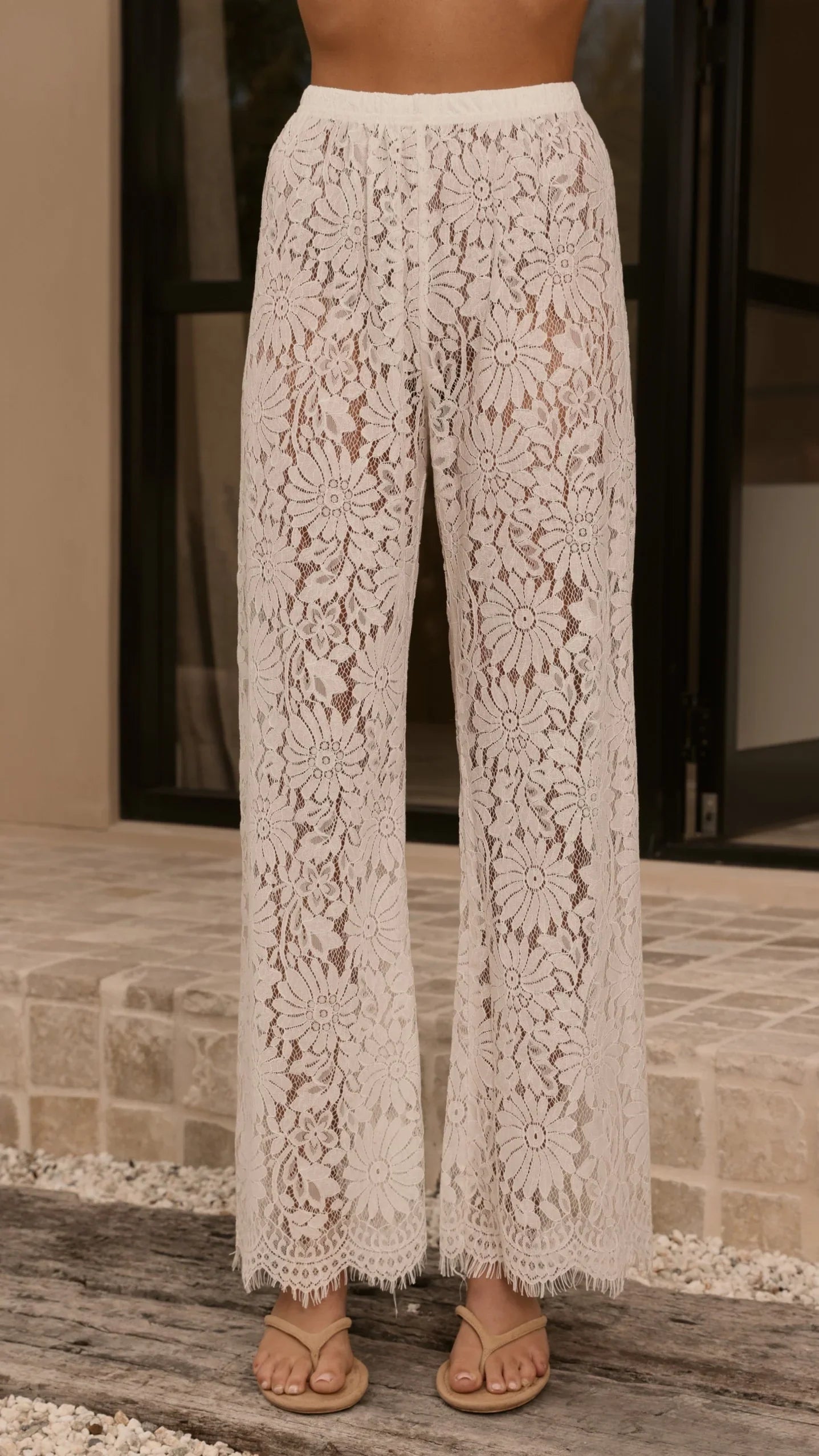 Ebony Asymmetrical Lace Top Pants Set White