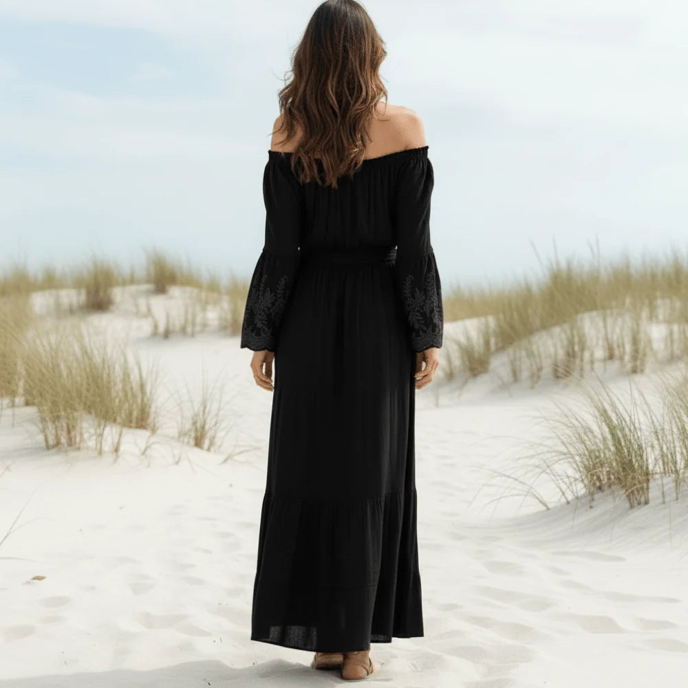 Off Shoulder Lace Maxi Dress with Long Sleeves