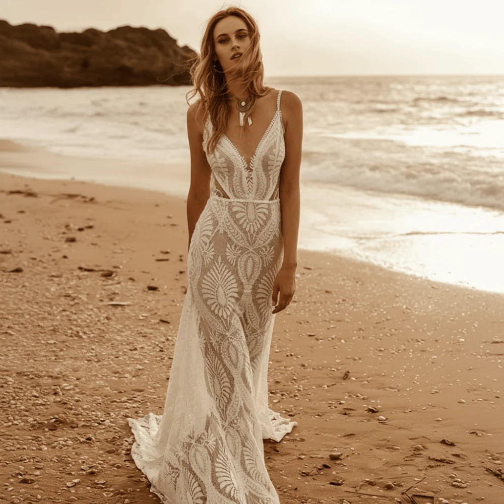 Boho Sweetheart Lace A Line Wedding Dress