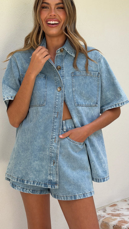 Olivia Shirt and Shorts Set Light Denim