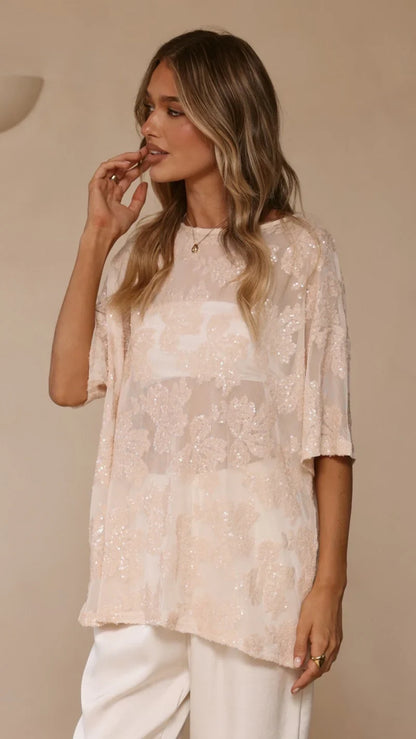 Arlo Oversized Sequin Top Beige Floral
