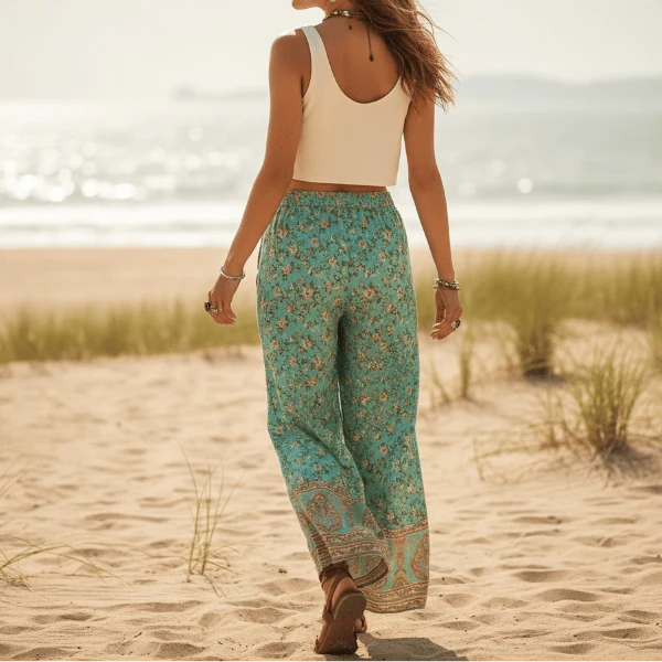 Seafoam Floral Boho Wide Leg Pants