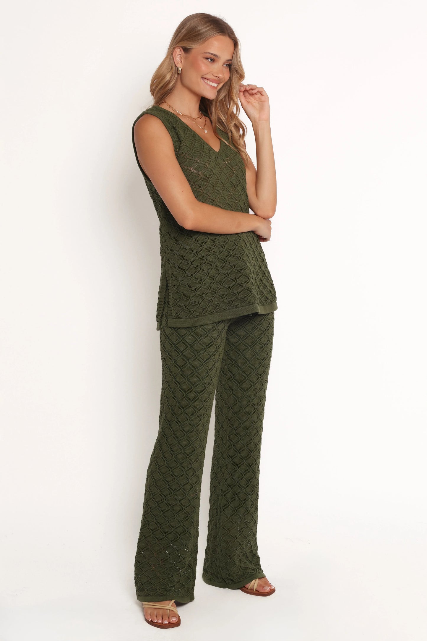 Fefe Textured Knit Pants Olive