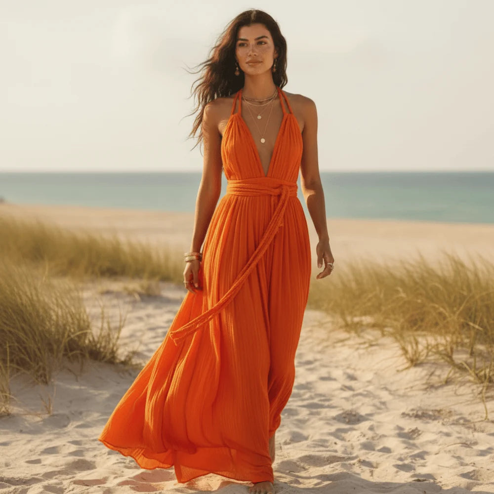 Deep V Neck Backless Halter Maxi Dress