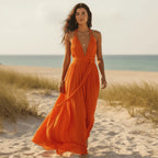Deep V Neck Backless Halter Maxi Dress
