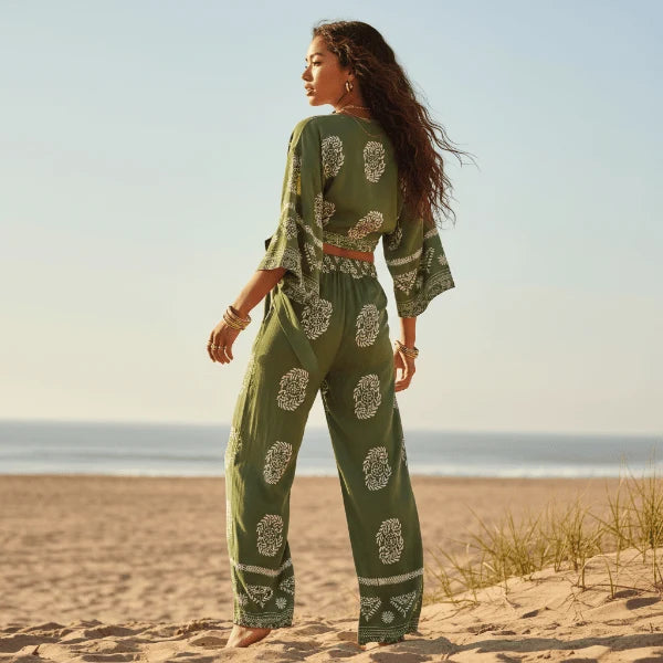 Boho Olive Kimono Wide Leg Pants Set