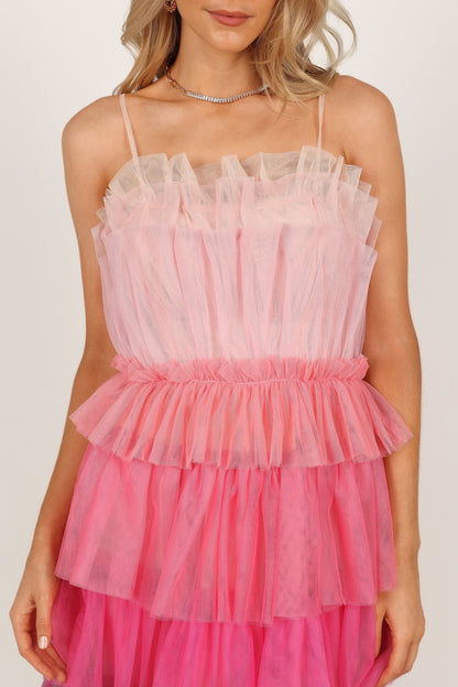 Minnie Tiered Tulle Midi Dress Pink