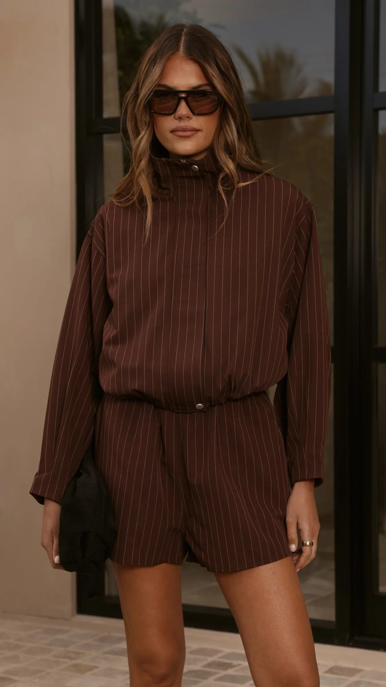Ivana Funnel Neck Jacket Shorts Set Brown Pinstripe