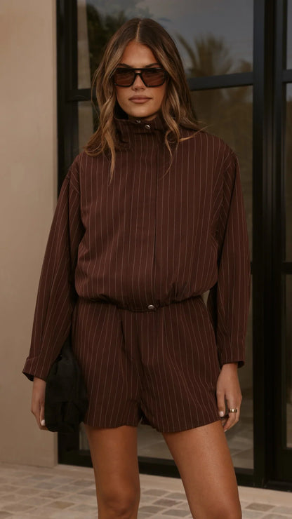 Ivana Funnel Neck Jacket Shorts Set Brown Pinstripe
