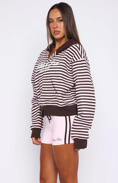 Verano Sixteen Maria Boxy Zip Front Hoodie Pink Choc Stripe