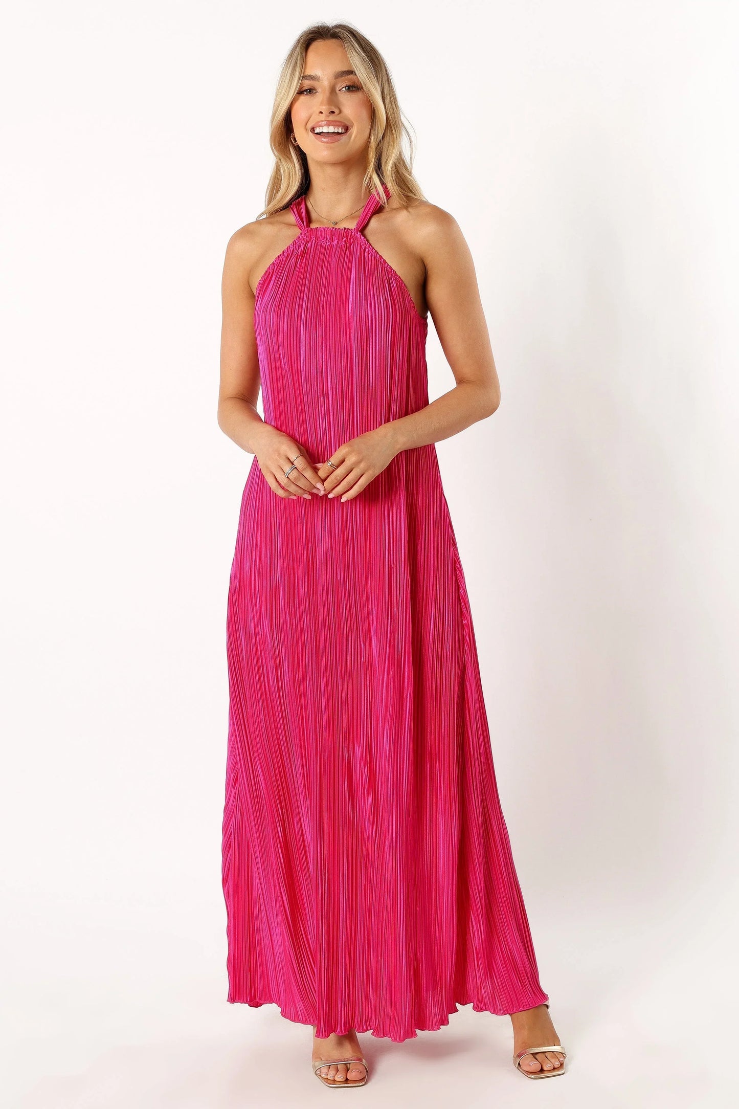 Melody Plisse Halter Maxi Dress Pink