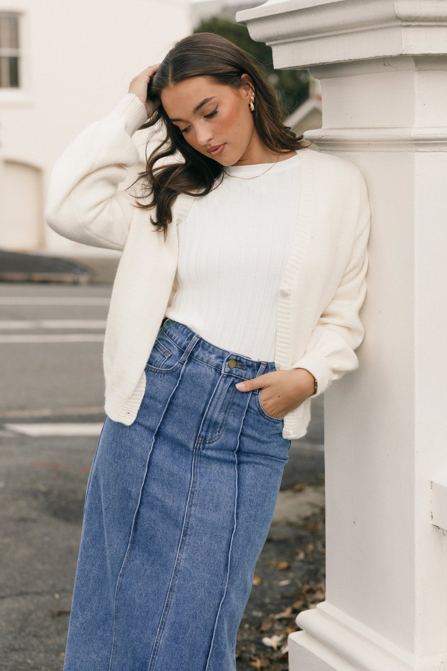 Aneesa Wide Rib Knit Top White
