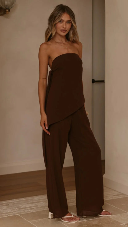 Zabrina Semi Sheer Strapless Top and Pants Set Chocolate