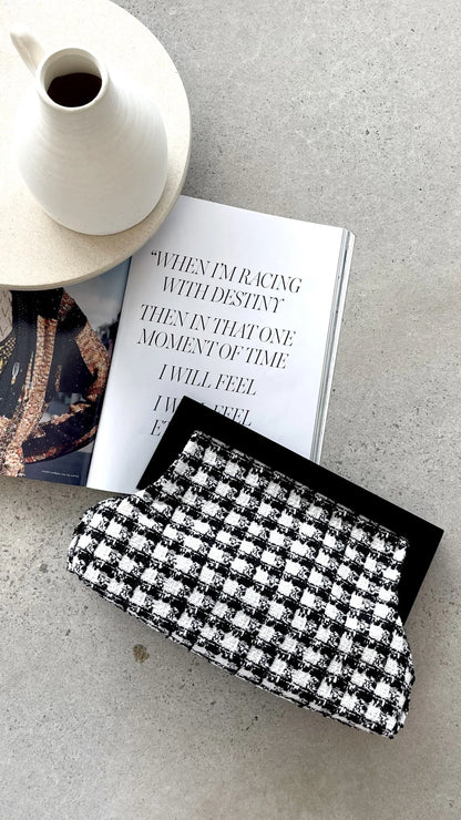Zoey Boucle Timber Frame Clutch Black White