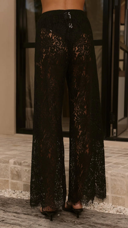Ebony Asymmetrical Lace Top Pants Set Black