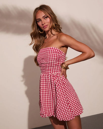 Harbor Stripe Bubble Hem Gingham Print Mini Dress