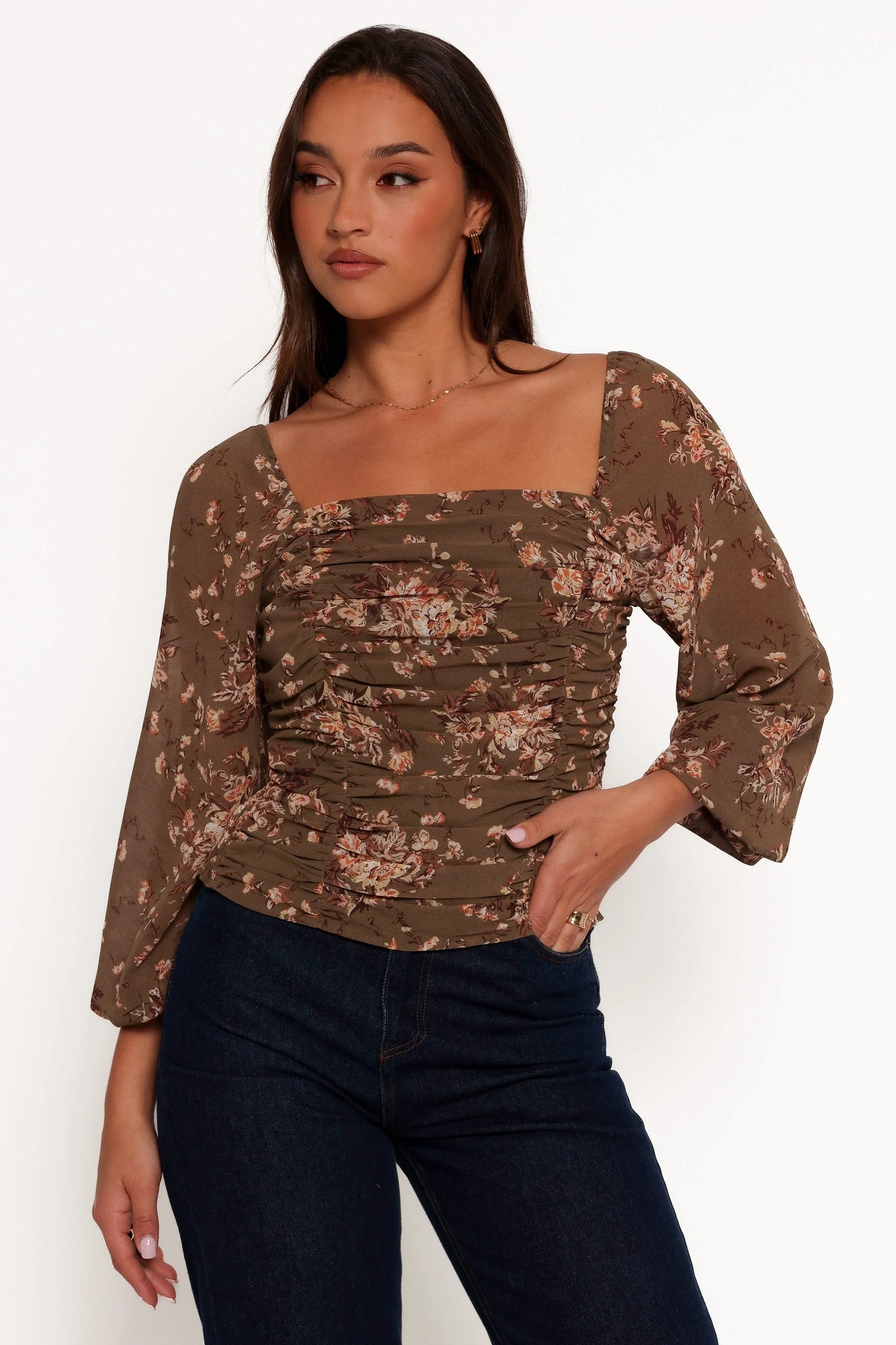 Maia Long Sleeve Top Olive Floral