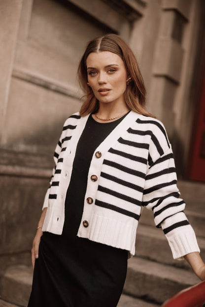 Kallen Button Front Striped Cardigan Cream Black