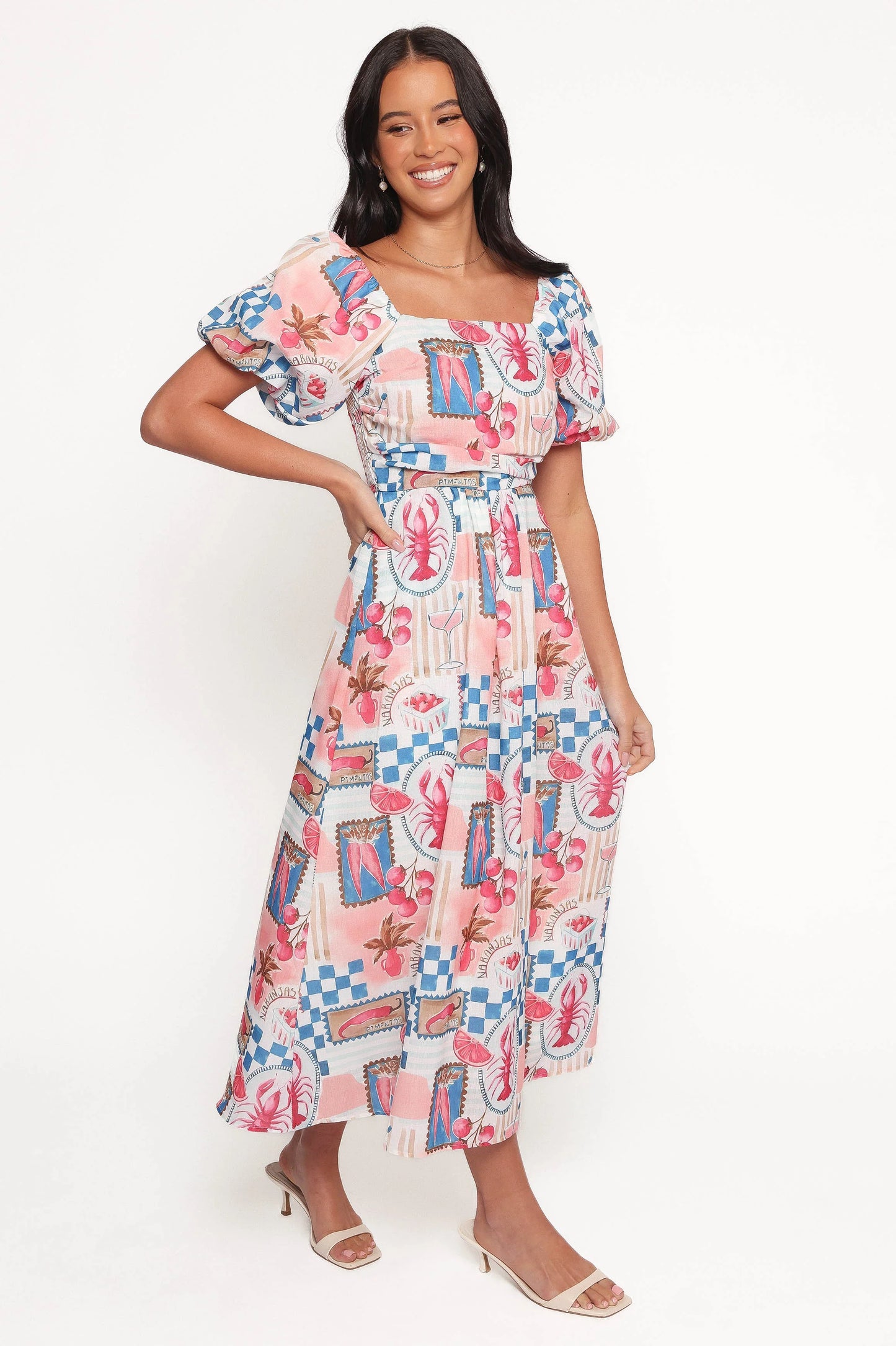 Clo Puff Sleeve Midi Dress Pink Blue