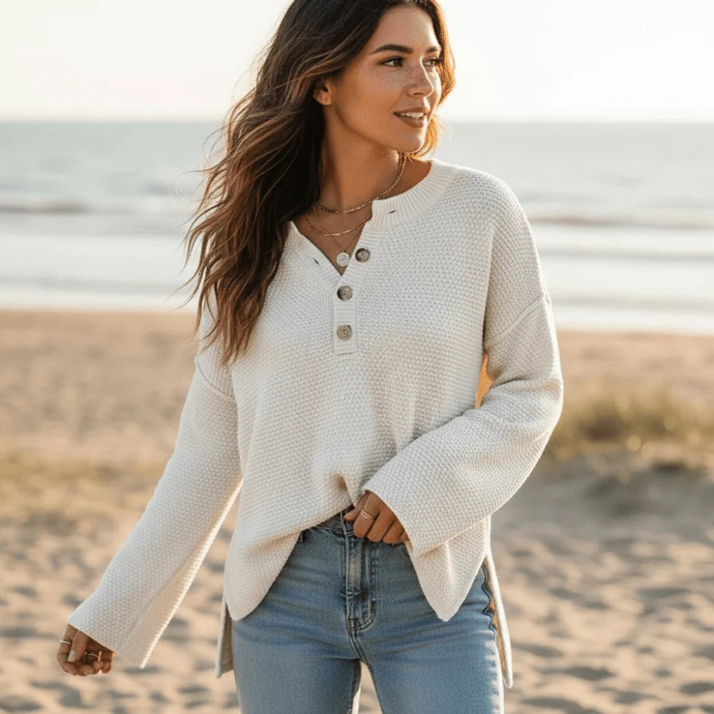 Bohemian Long Sleeve Henley Knit Sweater