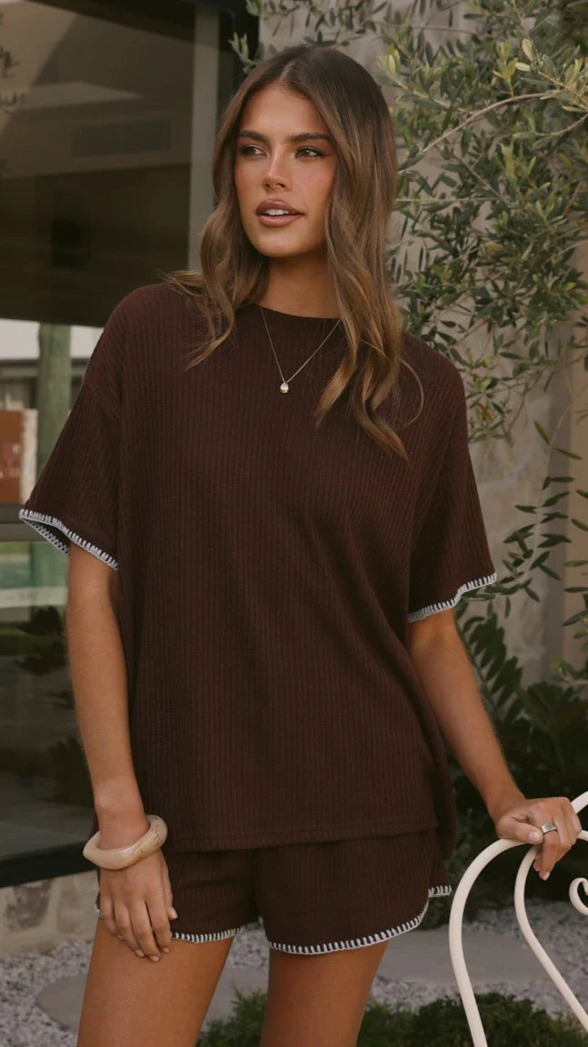 Zaide Knit T Shirt and Shorts Set Chocolate Blue