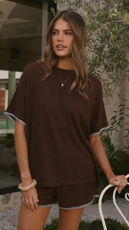 Zaide Knit T Shirt and Shorts Set Chocolate Blue
