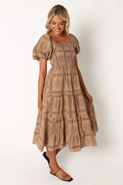 Soliel Puff Sleeve Midi Dress Tan Black