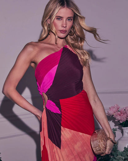 Modern Day Glam Printed One Shoulder Asymmetrical Maxi Dress