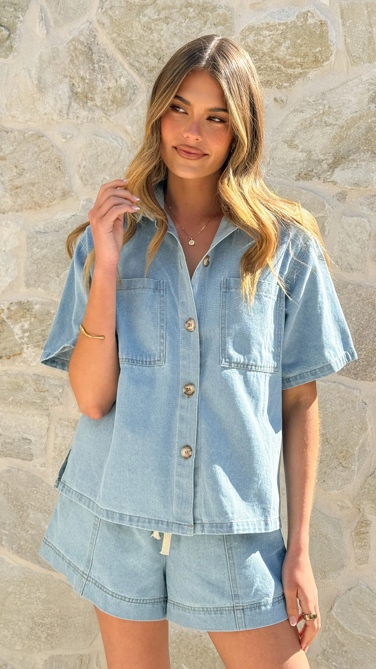 Adia Top and Shorts Set Light Blue Denim
