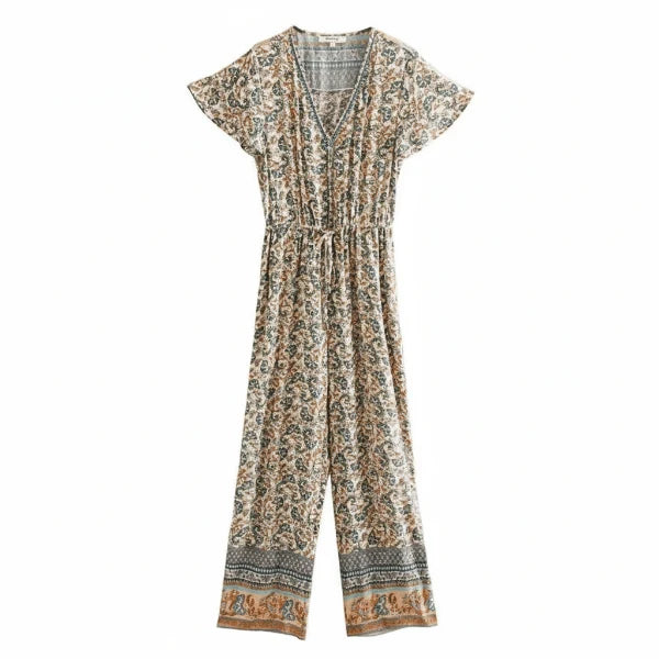 Desert Sage Boho Floral Wide Leg Jumpsuit with Pockets