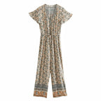 Desert Sage Boho Floral Wide Leg Jumpsuit with Pockets