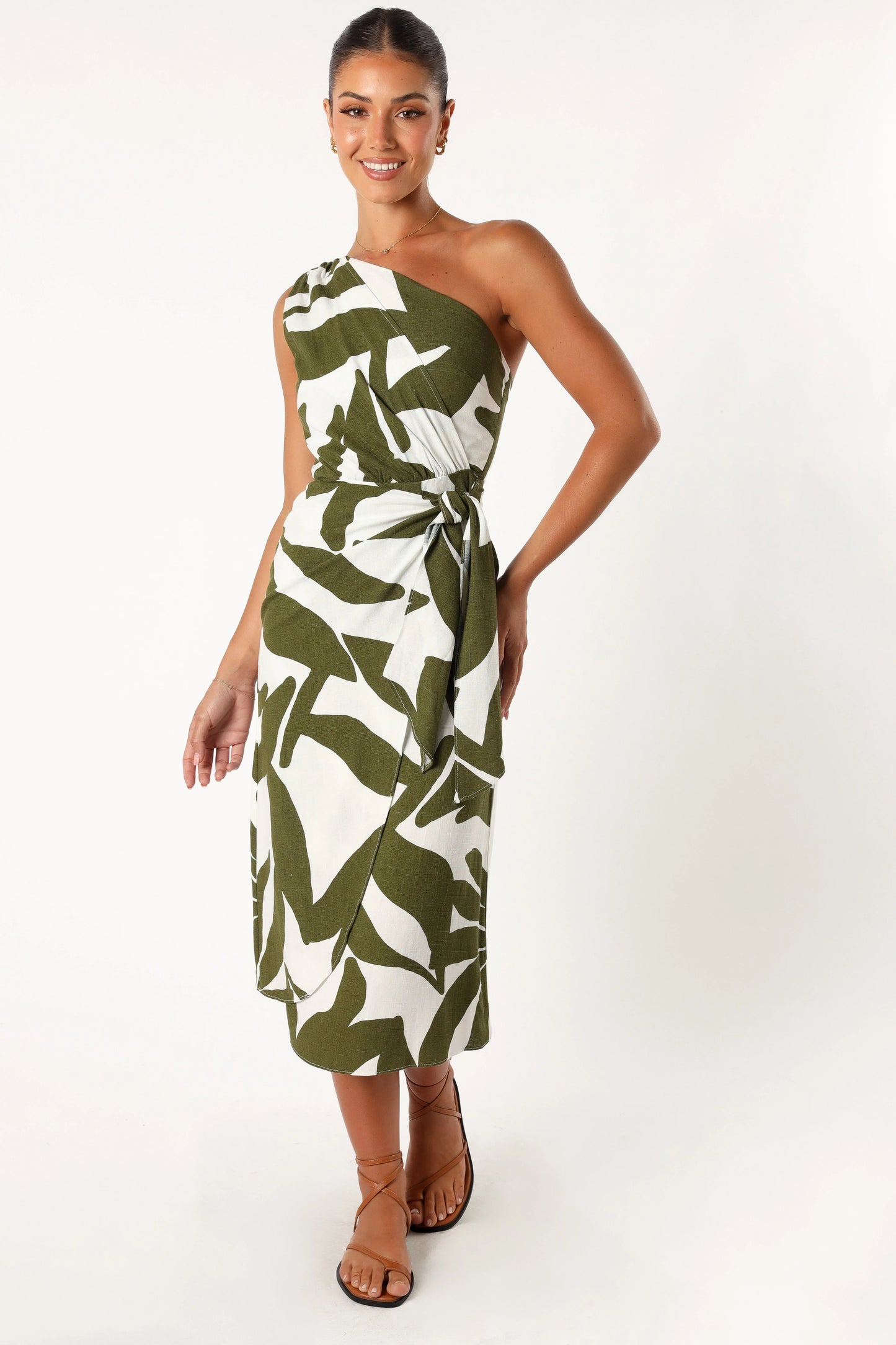 Zara One Shoulder Midi Dress Olive Palm