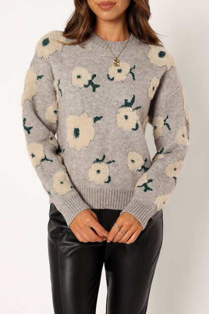 Aubrielle All Over Flower Knit Sweater Grey Green