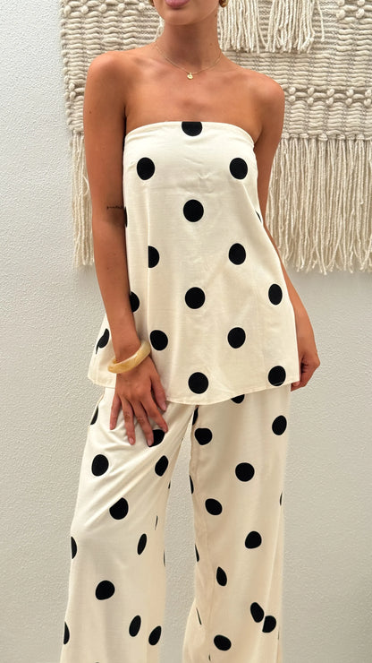 Hazelle Strapless Top Beige Black Polka Dot
