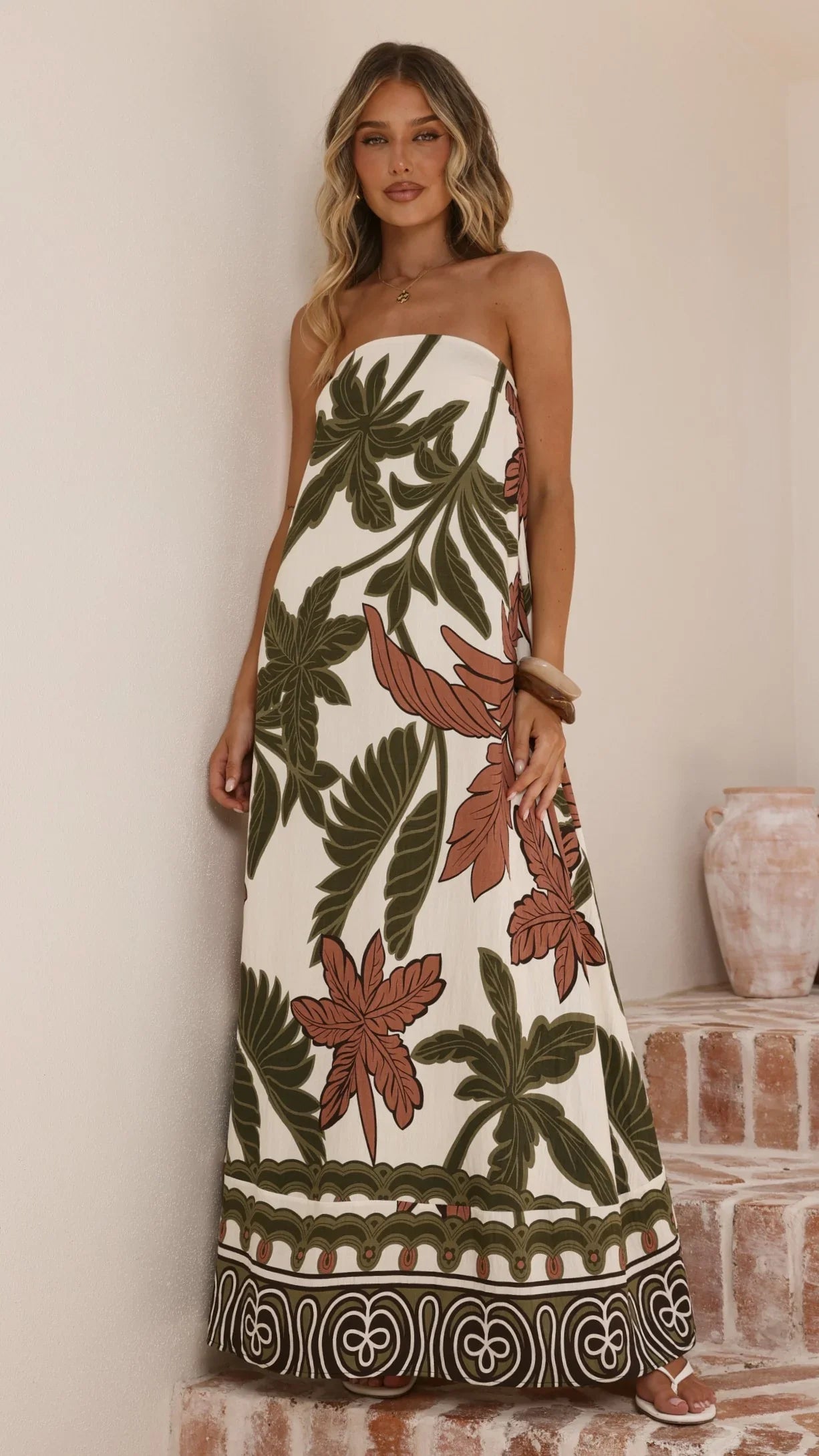 Connie Maxi Dress Green Beige Palm