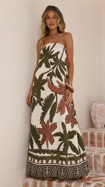 Connie Maxi Dress Green Beige Palm
