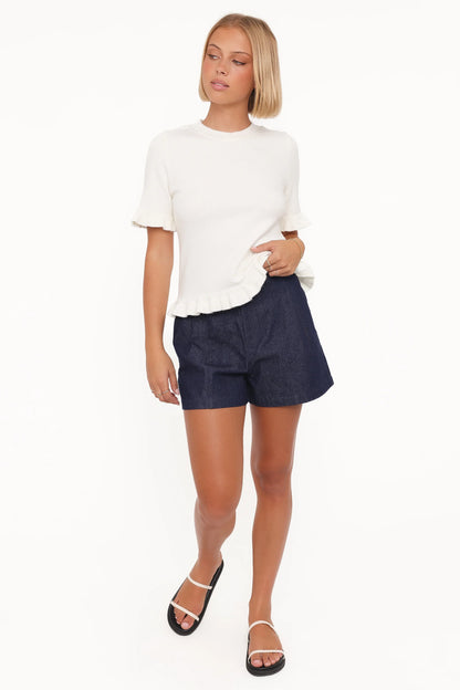 Emilie Short Sleeve Ruffle Crew Sweater Cream