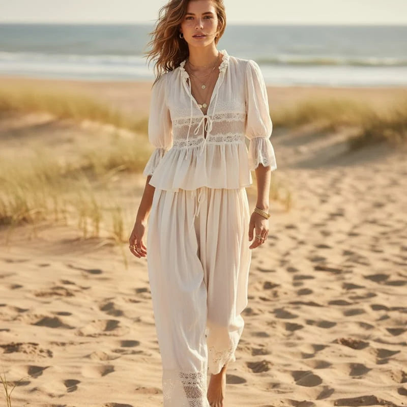 Boho Lace Trim 2 Piece Pants Set