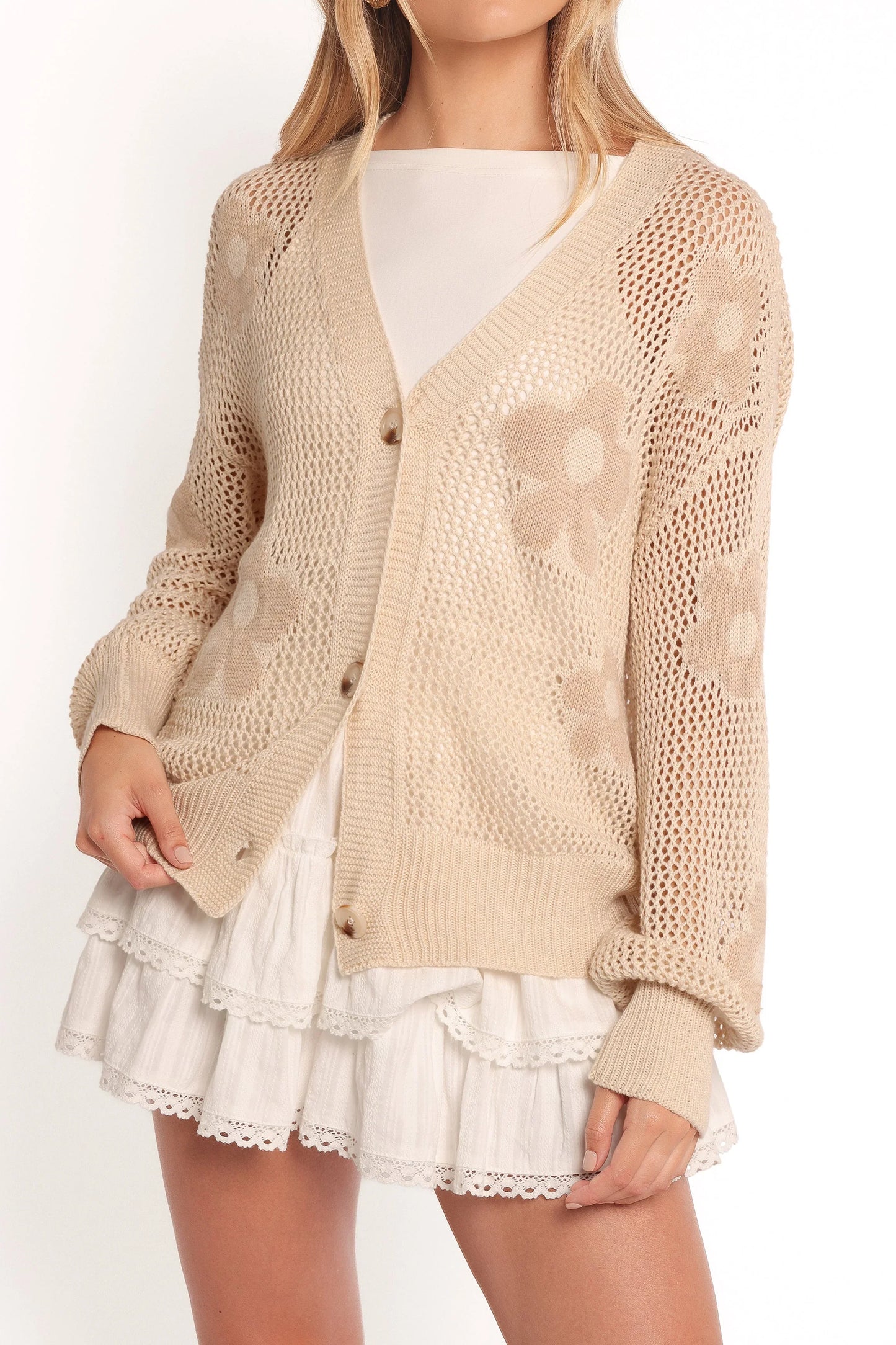 Winslow Open Knit Flower Cardigan Tan