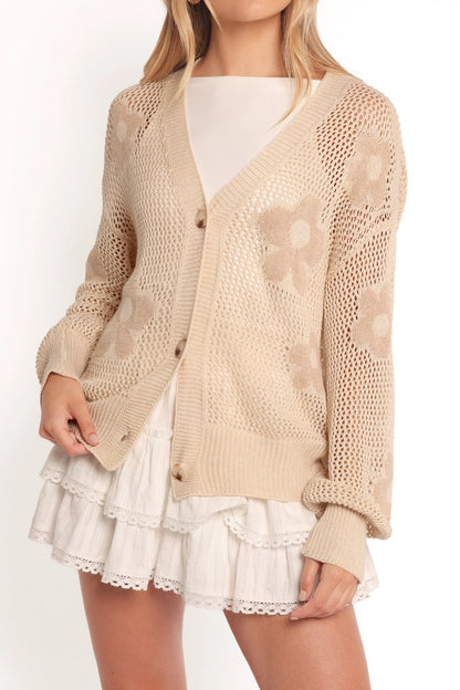 Winslow Open Knit Flower Cardigan Tan