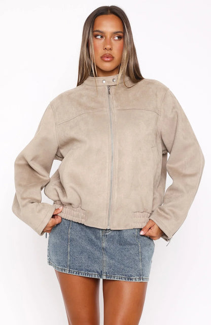 Watchin Out Faux Suede Bomber Jacket Sand