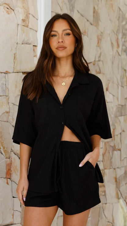 Machiko Button Up Shirt and Shorts Set Black Waffle Knit